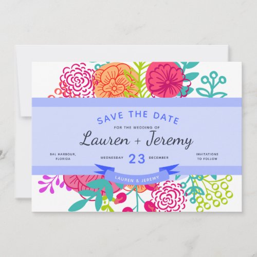 Wedding Save the Date Modern Blue Ribbon Floral