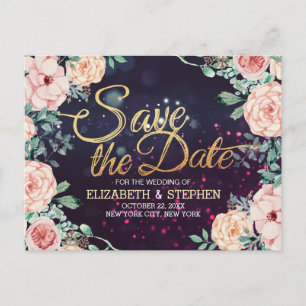 Wedding Save The Date Modern Floral Purple Sparkle Announcement Postcard
