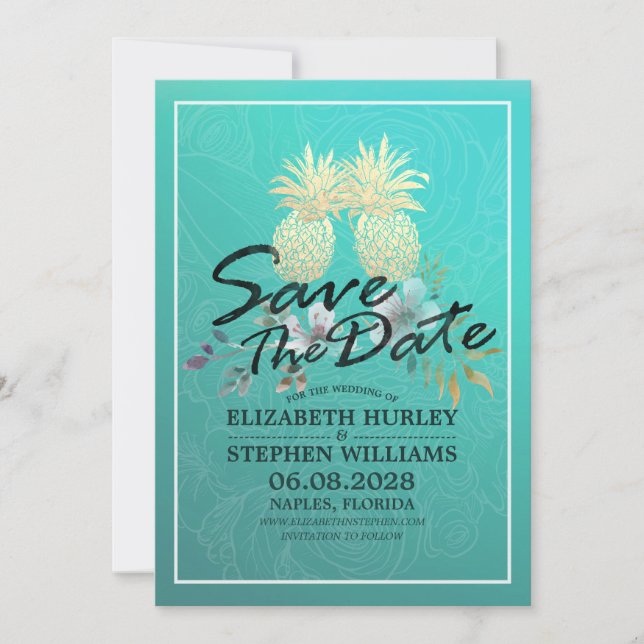 Wedding Save The Date Modern Gold Pineapple Couple (Front)