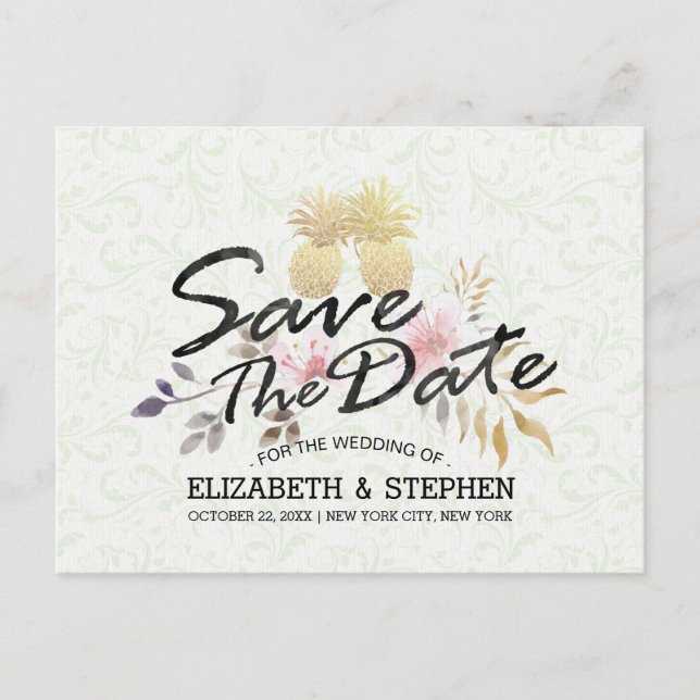 Wedding Save The Date Modern Gold Pineapple Couple Announcement Postcard (Front)