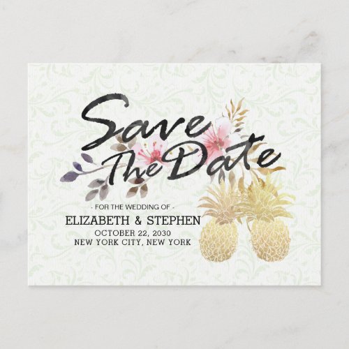 Wedding Save The Date Modern Gold Pineapple Couple Announcement Postcard