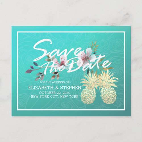 Wedding Save The Date Modern Gold Pineapple Couple Announcement Postcard