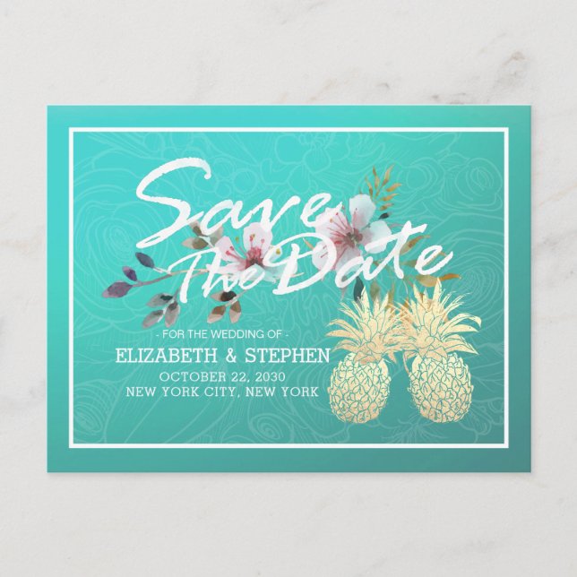 Wedding Save The Date Modern Gold Pineapple Couple Announcement Postcard (Front)