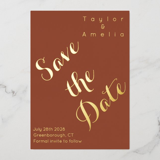 Wedding Save the Date Modern Terracotta Real Gold Foil Invitation (Front)