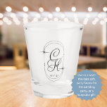 Wedding Save the Date Monogram Boho Script Black  Shot Glass<br><div class="desc">A stylish design with a boho celestial flair using black script typography. Customize with the bride and groom's initials and the wedding date. The glass can be sent as a save-the-date memento,  a wedding party favor,  or a lovely wedding keepsake gift.</div>