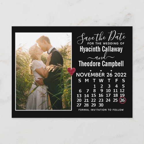 Wedding Save the Date November 2022 Calendar Photo Invitation Postcard