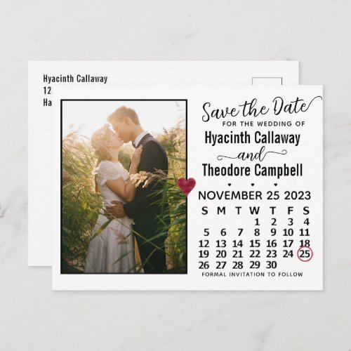 Wedding Save the Date November 2023 Calendar Photo Invitation Postcard