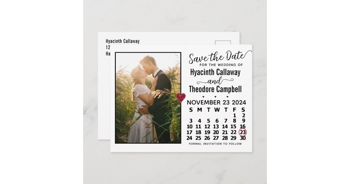 Wedding Save the Date November 2024 Calendar Photo Invitation Postcard