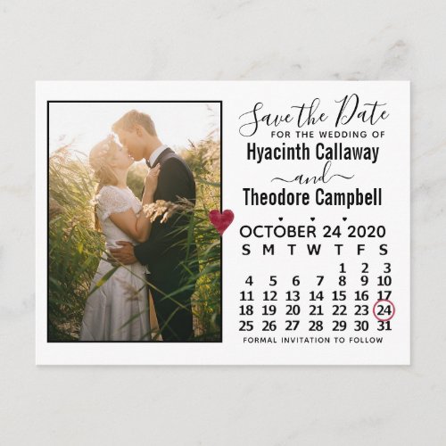 Wedding Save the Date October 2020 Calendar Photo Invitation Postcard