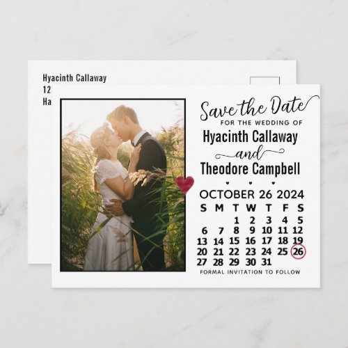 Wedding Save the Date October 2024 Calendar Photo Invitation Postcard