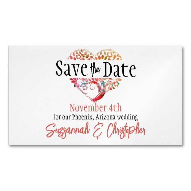 Wedding Save The Date Orange Burgundy Tree Heart Business Card Magnet (Front)