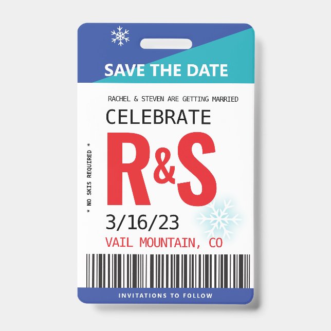 Wedding Save the Date Original Ski Lift Ticket Badge (Front)