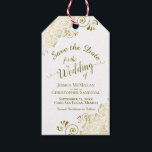 Wedding Save the Date Pencil Us In Gold Frills Gift Tags<br><div class="desc">These beautiful gift tags are designed to accompany wedding save the date favors such as pencils or calendars. They feature a beautiful gold and white design with lace frills in the corners and fancy script calligraphy reading Save the Date with the names of the couple, wedding date and location. The...</div>