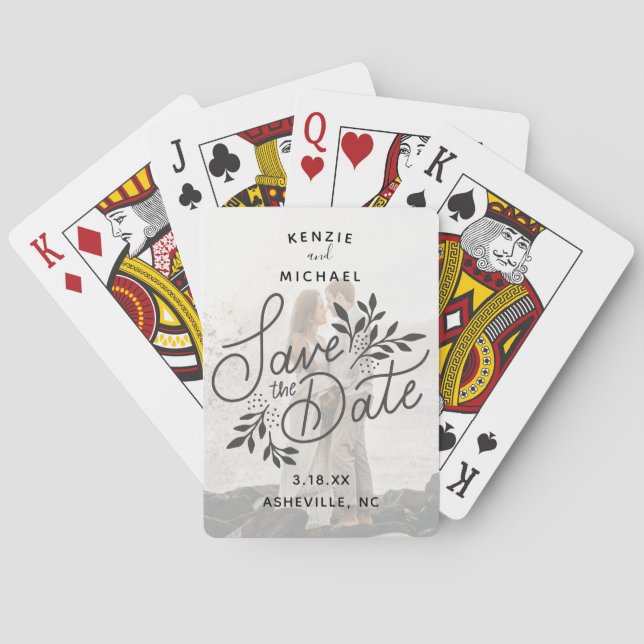 Wedding Save the Date Photo Calligraphy Botanical Poker Cards (Back)