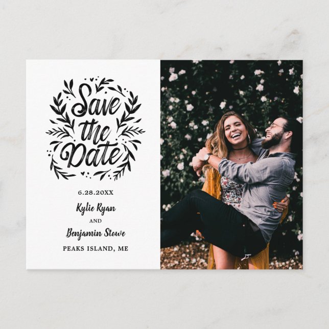 Wedding Save the Date Photo Calligraphy Botanical Postcard (Front)