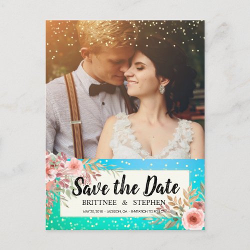 Wedding Save The Date Photo Floral Teal Gold Dots Announcement Postcard