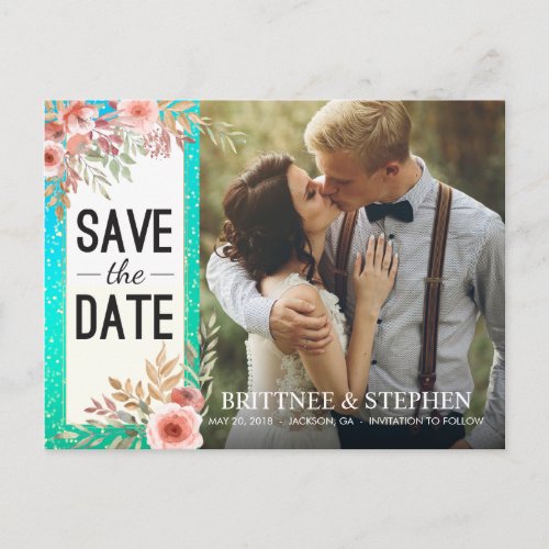 Wedding Save The Date Photo Floral Teal Gold Dots Announcement Postcard