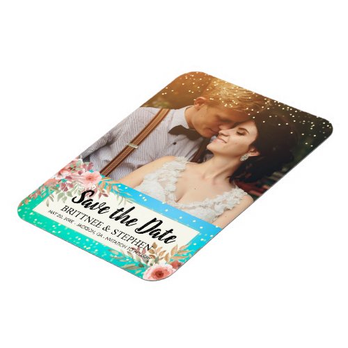 Wedding Save The Date Photo Floral Teal Gold Dots Magnet