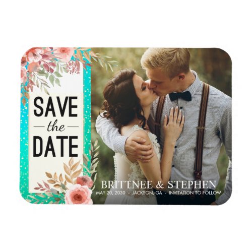Wedding Save The Date Photo Floral Teal Gold Dots Magnet
