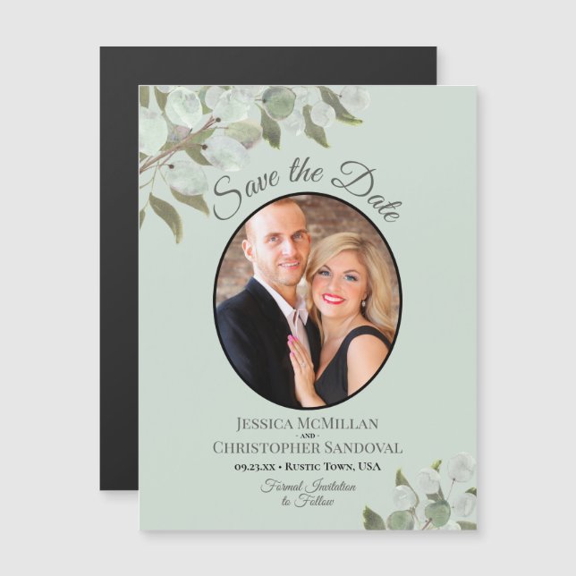 Wedding Save the Date Photo & Greenery Mint Magnetic Invitation (Front/Back)