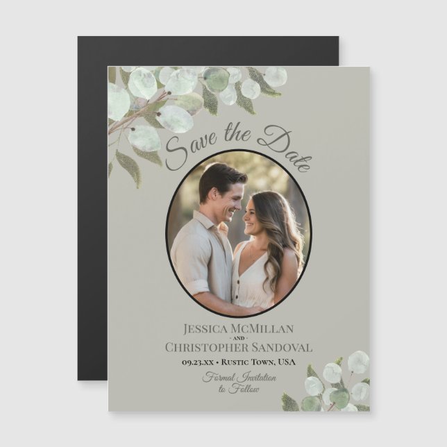 Wedding Save the Date Photo & Greenery Sage Magnetic Invitation (Front/Back)