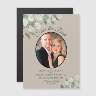 Wedding Save the Date Photo & Greenery Taupe Magnetic Invitation