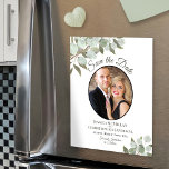 Wedding Save the Date Photo & Greenery White Magnetic Invitation<br><div class="desc">These beautiful magnetic cards will make it easy for your friends and family to save the date for your upcoming wedding. They feature a rustic yet elegant design with your photo surrounded by a bevy of eucalyptus leaves and greenery on a white background. Simple boho chic watercolor style.</div>