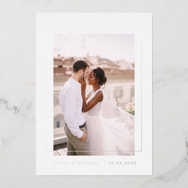 Wedding Save the Date Photo Minimalist Silver Foil Invitation (Front)