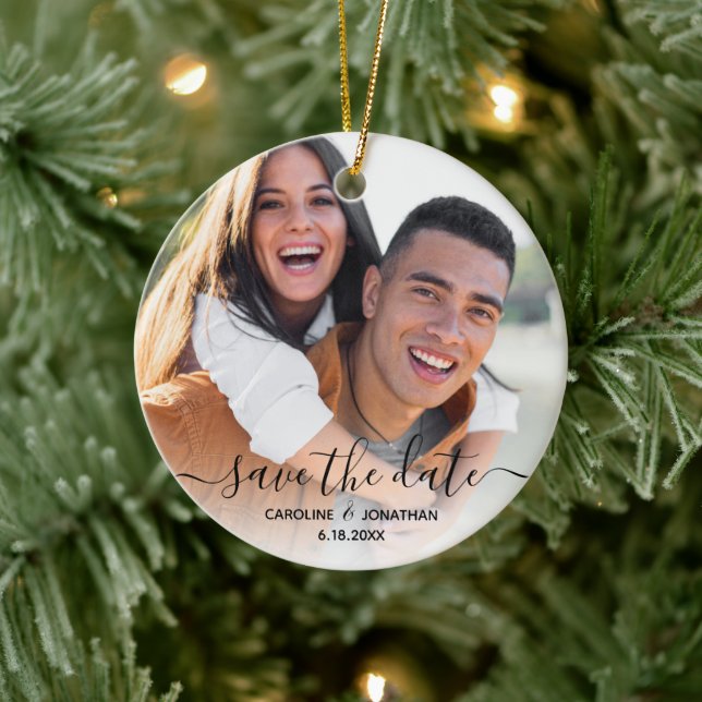 Wedding Save the Date Photo Pretty Calligraphy Ceramic Ornament (Tree)