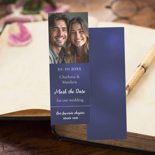 Wedding Save the Date photo quote navy blue Bookmarks (Creator Uploaded)