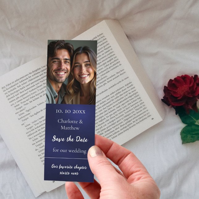 Wedding Save the Date photo quote navy blue Bookmarks (Creator Uploaded)