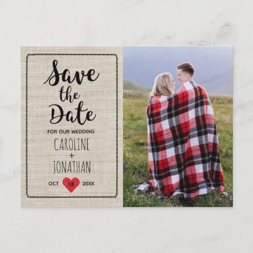 Wedding Save the Date Photo Rustic Linen Heart Postcard