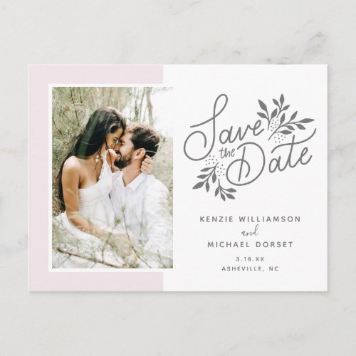 Wedding Save the Date Photo Script Botanical Pink Postcard