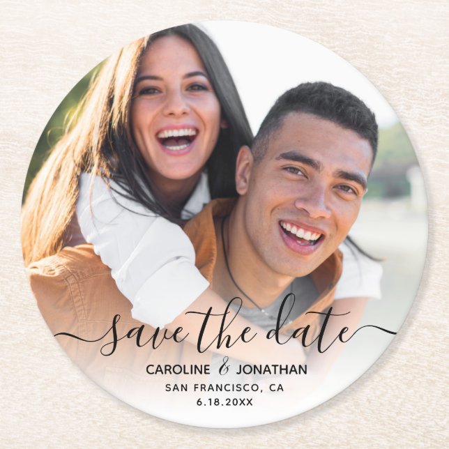 Wedding Save the Date Photo Script Calligraphy Rou Round Paper Coaster (Front)