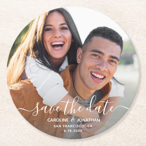 Wedding Save the Date Photo Script Calligraphy Round Paper Coaster