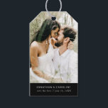Wedding Save the Date Photo Simple Minimal Black Gift Tags<br><div class="desc">Use this gift tag as a fun, unique save the date or attach it to a save the date favor/gift. Design features your photo and a white text set against a black border. Add your names and date to the front and custom text to the back. Simple and classic yet...</div>