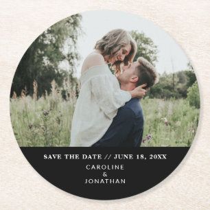 Wedding Save the Date Photo Simple Minimal Black Round Paper Coaster