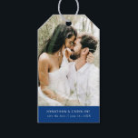 Wedding Save the Date Photo Simple Minimal Blue Gift Tags<br><div class="desc">Use this gift tag as a fun, unique save the date or attach it to a save the date favor/gift. Design features your photo and a white text set against a dark blue border. Add your names and date to the front and custom text to the back. Simple and classic...</div>