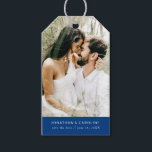 Wedding Save the Date Photo Simple Minimal Blue Gift Tags<br><div class="desc">Use this gift tag as a fun, unique save the date or attach it to a save the date favor/gift. Design features your photo and a white text set against a dark blue border. Add your names and date to the front and custom text to the back. Simple and classic...</div>