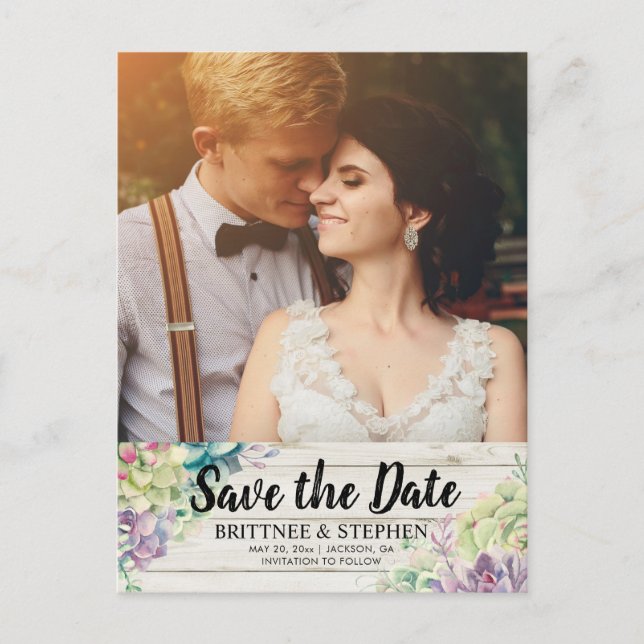 Wedding Save The Date Photo Succulents Rustic Wood Announcement Postcard (Front)
