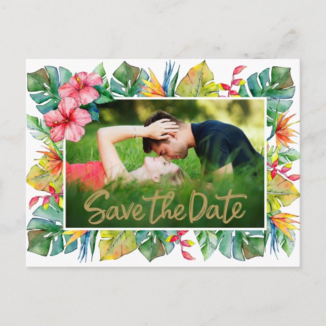 Wedding Save The Date | Photo with Tropical Border Postcard (Front)