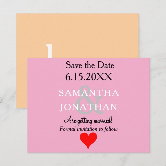 Wedding Save the Date Pink Beige Red Heart (Front/Back)
