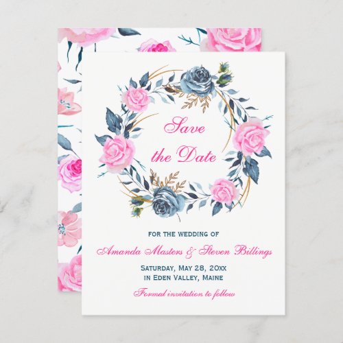 Wedding Save the Date _ Pink Blue Roses Invitation