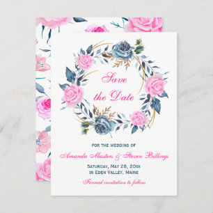 Wedding Save the Date - Pink, Blue Roses Invitation