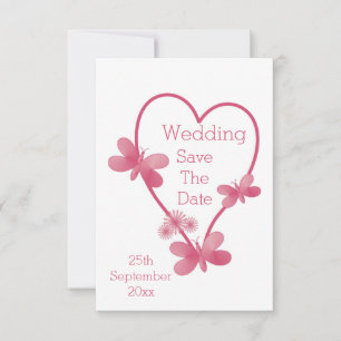 Wedding Save The Date Pink Heart And Butterflies