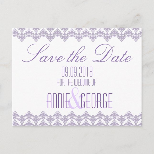 Wedding Save the Date Postcard Lilac Purp 2 Damask (Front)