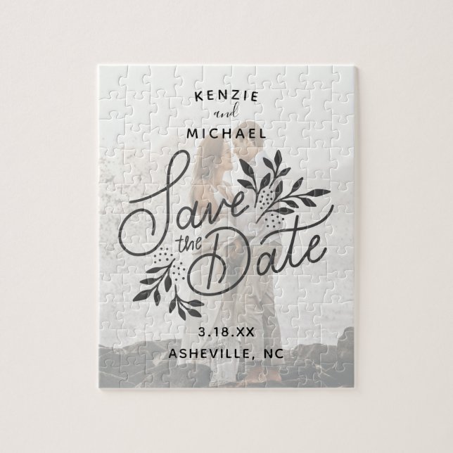 Wedding Save the Date Pretty Calligraphy Botanical Jigsaw Puzzle (Vertical)