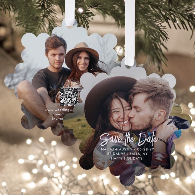 Wedding Save the Date QR Code & 2 Photos Christmas Ornament Card (Creator Uploaded)