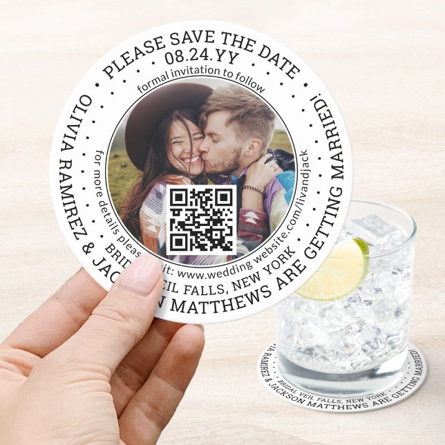 Wedding Save the Date QR Code & Photo Modern White Round Paper Coaster (Creator Uploaded)