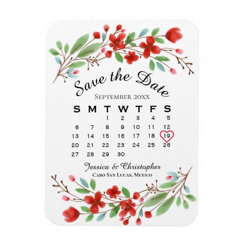 Wedding Save the Date Red Blossoms Calendar Magnet
